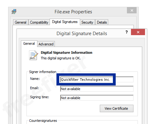 Screenshot of the Quickfilter Technologies Inc. certificate
